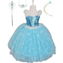 Bal Bebe Mavi Askılı Tarlatanlı Kız Çocuk Elbise Taç Asa Elsa Elbise Frozen Günlük A-Line Stil