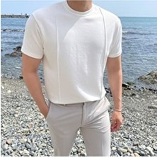 Tarz Cool Beyaz 2 Çizgili Erkek T-Shirt Kısa Kol Akrilik Malzemeden Günlük Stil Regular Fit