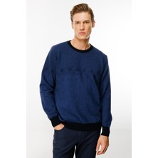 Erkek Sıfır Yaka Göğsü Baklava Desenli Yün Kazak K.lacivert