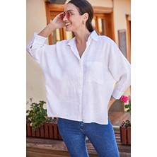 Armonika Kadın Beyaz Oversize Salaş Keten Gömlek Klasik Stil ile Rahat Kesim ARM-21Y001035