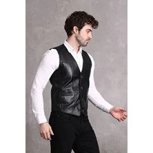 Nyc Giyim Tekstil Nyc Giyim Hakiki Deri Yelek Erkek Düğmeli V Yaka Siyah Renkli Modern Stil