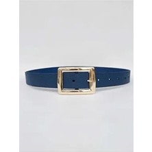 Kemerix Gold Tokalı Kadın Lacivert Kemer Suni Deri Malzeme ile Şık Tasarım ve Günlük Kullanım İçin