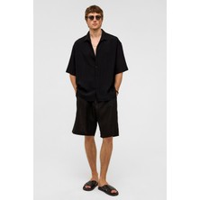 Oversize Çizgili Kısa Kollu Modal Kumaş Gömlek Siyah