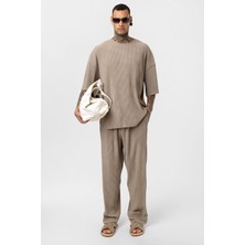 Basic Oversize Bisiklet Yaka Ottoman Takım Vizon