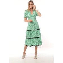 Kadın Çiçekli V Yaka Katlı Etekli Yeşil Spor Şık Yazlık Uzun Elbise