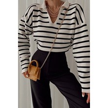 My Love Butik Polo Yaka Çizgili Triko Kazak Krem Kadın Casual Stil Uzun Kol Regular Kesim