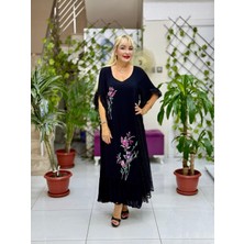 VL7795 Dantel Detay Çiçek Baskılı Vual Elbise Siyah