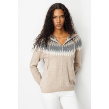 Kadın Kapüşonlu Robası Baklavalı Hırka K.bej