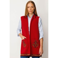 Kadın Polo Yaka Etek Ucu Kilim Desenli Uzun Yün Yelek K.kırmızı