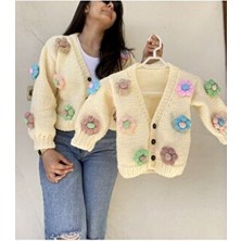 El Örgüsü Anne Kız Kombini Papatyalı Çiçekli Hırka