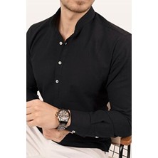 Etikmen Siyah Hakim Yaka Keten Üç Düğmeli Erkek Gömlek Slim Fit Tarzında Uzun Kol