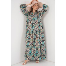 Hiccup Kadın BDART Düğmeli V-Yaka Desenli Maxi Elbise Limon Yeşili