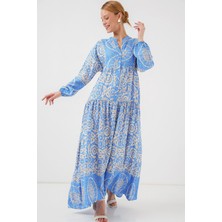 Hiccup Kadın BDART Desenli V Yaka Maxi Elbise Buz Mavisi