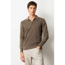 Erkek Polo Yaka Önü Baklavalı Triko Kazak Vizon