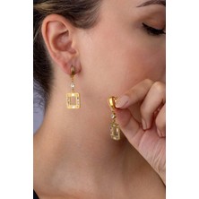 Gümüş Pazarım Zirkon Taşlı Kare Kesim Altın Kaplama Çelik Sallantılı Kadın Küpe