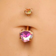 Çift Kalp Hologramlı Zirkon Taşlı Cerrahi Çelik Göbek Piercing - Bar Uzunluğu 10MM- 1 Adet
