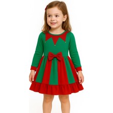 Noel Temalı Yeşil - Kırmızı Kurdeleli Kız Çocuk Elbisesi