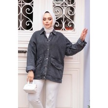 Düğmeli Antrasit Tesettür Kot Ceket 20387ANT