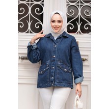 Düğmeli Lacivert Tesettür Kot Ceket 20387L