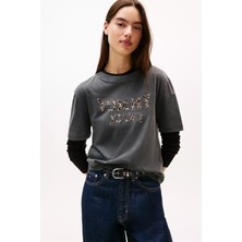 Kadın Boxy Fit Leopar Desenli Aplike Logolu T-Shirt - Siyah