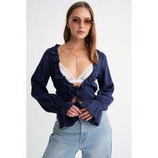 4712 Kadın Volanlı Modal Bolero Bluz Lacivert