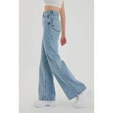 90's Kar Yıkama Mavi Likralı Süper Yüksek Bel Salaş Jeans Palazzo Pantolon