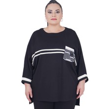 Kadın Büyük Beden Beyaz Şeritli Siyah Spor Şık Bluz