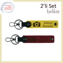 Her Fotoğraf Bir Hatıra, Kamera Desenli, Kişiye Özel Isimli Anahtarlık Takımı, Sarı-Bordo