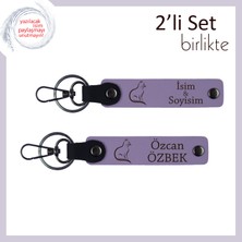 Minnoş Ruhlara Uygun Şıklık, Kedi Temalı, Kişisel Yazılı Deri Anahtarlık, Mor Menekşe-Mor Menekşe