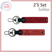 Yelkenli Figürlü Deri Anahtarlık, Kişiye Özel 2’li Set Hediye Seçeneği, Kırmızı-Nar Çiçeği