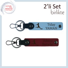 Futbol Temalı Hediyelik Deri Anahtarlık, Kişisel Yazı Eklenebilir 2’li Anahtarlık Set, G Mavi-Bordo