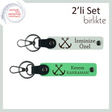 Sevdiğiniz Denizciler Için Kişiye Özel Anahtarlık, Çıpa Desenli Deri 2’li Set, Beyaz-Fıstık Yeşil