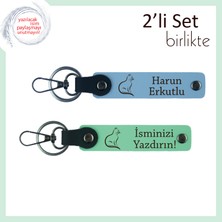 Sokaklardan Kalbe Gelen Sevgiye, Kedi Figürlü, Kişisel Yazılı Anahtarlık, Gök Mavi-Açık Yeşil