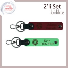 Erkek Arkadaş Için Güç Temalı Tasarım, Aslan Figürlü 2’li Deri Anahtarlık, Bordo-Fıstık Yeşil