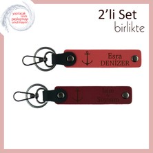 Denizci Stiline Uygun Kişisel Hediye, Isme Özel Çıpa Motifli Deri Anahtarlık, Nar Çiçeği-Bordo