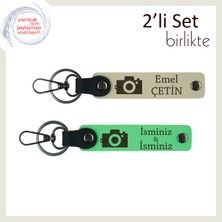 Her Kareye Bir Anlam Kat, Kamera Desenli, Isme Özel Anahtarlık Hediyesi, Sütlü Kahve-Fıstık Yeşil