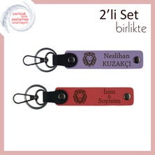 Aslan Deseniyle Gücü Temsil Eden Tasarım, Kişisel Isim Yazılabilir Deri Anahtarlık, Mor-Nar Çiçek