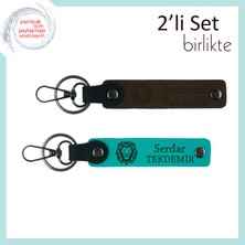 Aslan Temalı Hediye, Erkek Sevgiliye Kişisel Yazılabilir Deri Anahtarlık, Koyu Kahve-Koyu Turkuaz