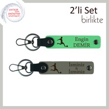 Futbol Figürlü Hediye, Erkek Sevgiliye Uygun Kişisel Isimli Deri Anahtarlık Set, Fıstık Yeşil-K Gri