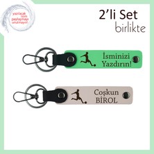 Futbol Figürlü Deri Set, Erkek Arkadaşa Özel Isim Yazılabilir Hediye Anahtarlık, Fıstık Yeşil-Pudra