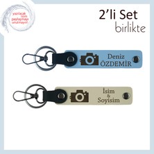 Anılarla Dolu Hediye, Kamera Desenli, Isimli 2’li Anahtarlık Takımı, Gök Mavi-Sütlü Kahve