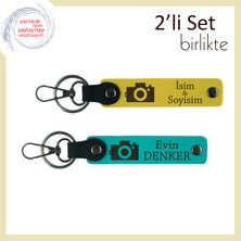 Anılara Değer Katan Hediye, Kamera Motifli, Kişisel 2’li Anahtarlık Seti, Sarı-Koyu Turkuaz