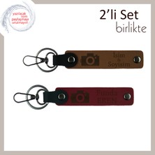 Sevgiliye Özel Fotoğrafçı Ruhlu Deri Anahtarlık, Isim Yazılabilir 2’li Tasarım, Açık Kahve-Bordo