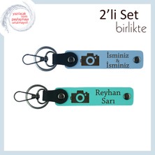 Sevdiğine Özel Kamera Desenli Hatıra, Kişisel Isimli 2’li Anahtarlık Seti, Gök Mavi-Turkuaz