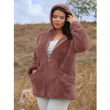 Kadın Büyük Beden Uzun Kollu Cepli Kapüşonlu Fermuarlı Peluş Hırka Ceket