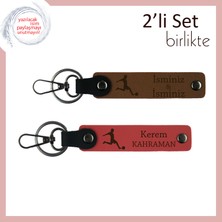 Futbol Temalı Sporcu Sevgiliye Anlamlı Hediye, Kişisel Deri Anahtarlık, Açık Kahve-Nar Çiçeği