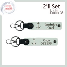 Gemici Çıpası Temalı Deri Anahtarlık Seti, Isme Özel Denizci Hediye Seçeneği, Beyaz-Beyaz
