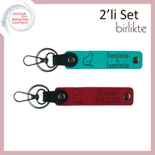 Kedili Hediye Vermek Isteyenlere, Sevimli Figürlü, Kişisel Isimli Anahtarlık, Koyu Turkuaz-Kırmızı