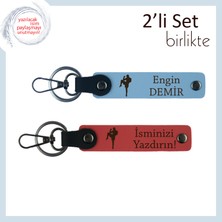 Boks Figürlü Doğum Günü Hediyesi, Erkek Arkadaşa Kişisel Yazılı Deri Anahtarlık, Gök Mavi-Nar Çiçeği