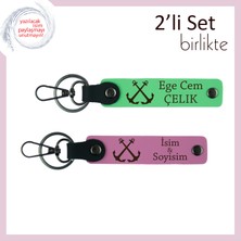 Çapa Figürlü Deri Anahtarlık, Denizcilik Temalı Isim Yazılabilir Hediyelik, Fıstık Yeşil-Pembe